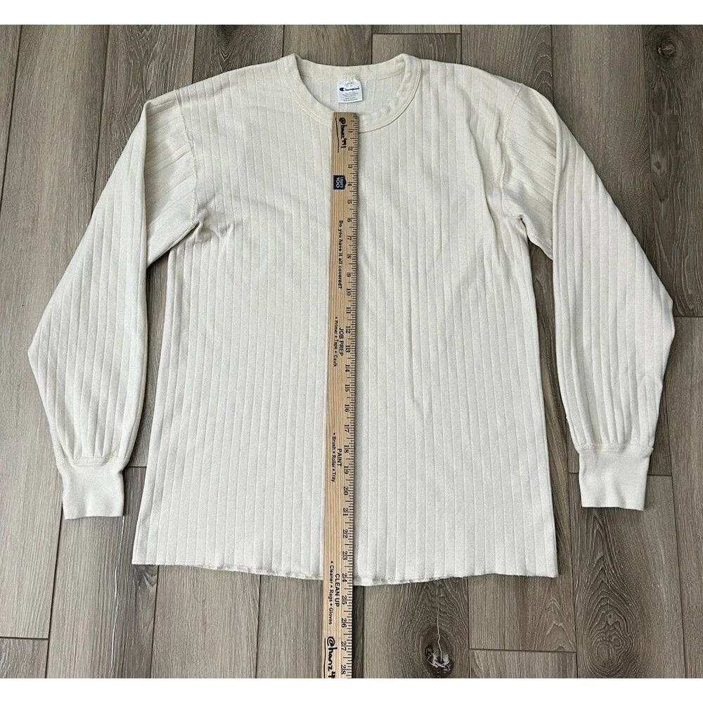 Vintage Champion Long Sleeve Pullover Shirt Mens Sz L Cream Ribbed Cotton Blend - Picture 7 of 8